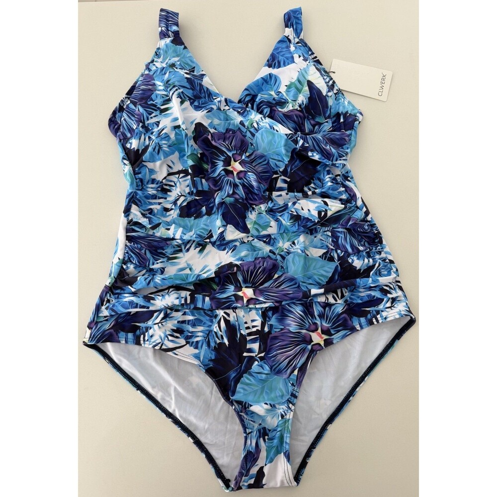 women's swimsuit floral Tropical Print One Piece Tummy Control blue purple XL